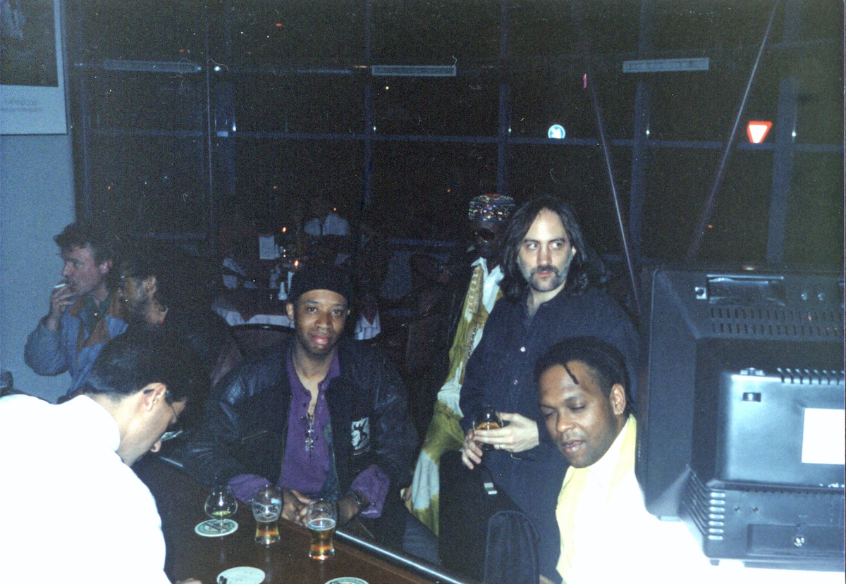 Kip Hanrahan (standing) and bassist Anthony Cox (seated, middle), the 1992 European Conjure tour. Photo courtesy of Ismael Reed.